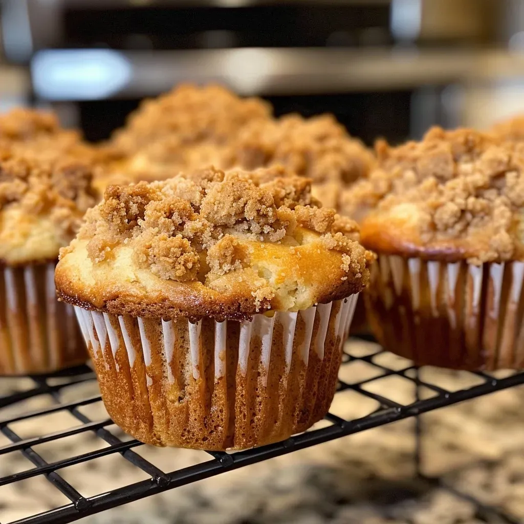 Detailed view of freshly baked cinnamon streusel muffins, highlighting their moist texture and crumbly topping.