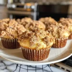 Close-up view of a freshly baked cinnamon streusel muffin with a golden-brown crumb topping.